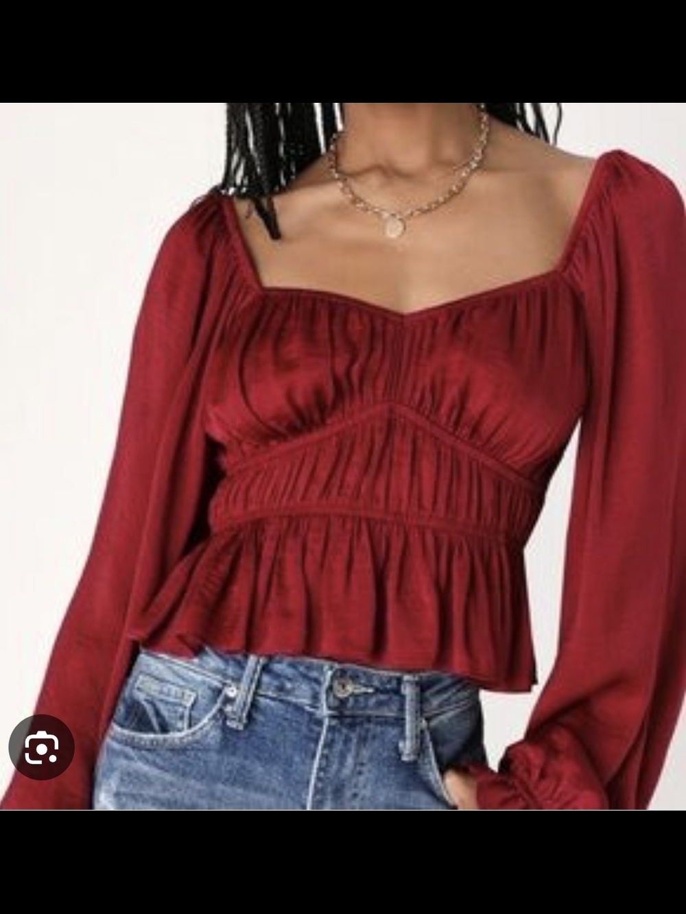 Women's Red Smocked Peplum Blouse with Square Neck